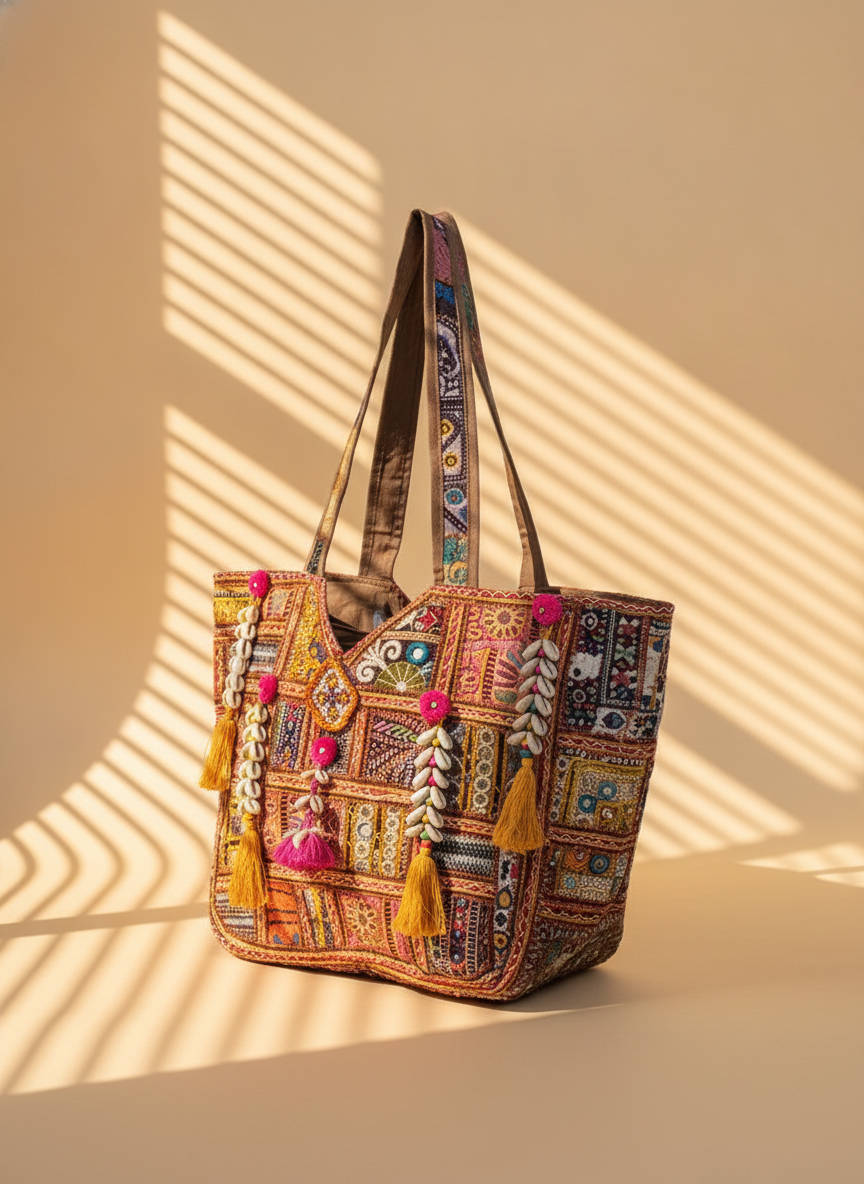 Shell Tassel Handcrafted Oversized Tote Bag — Terracotta Compass