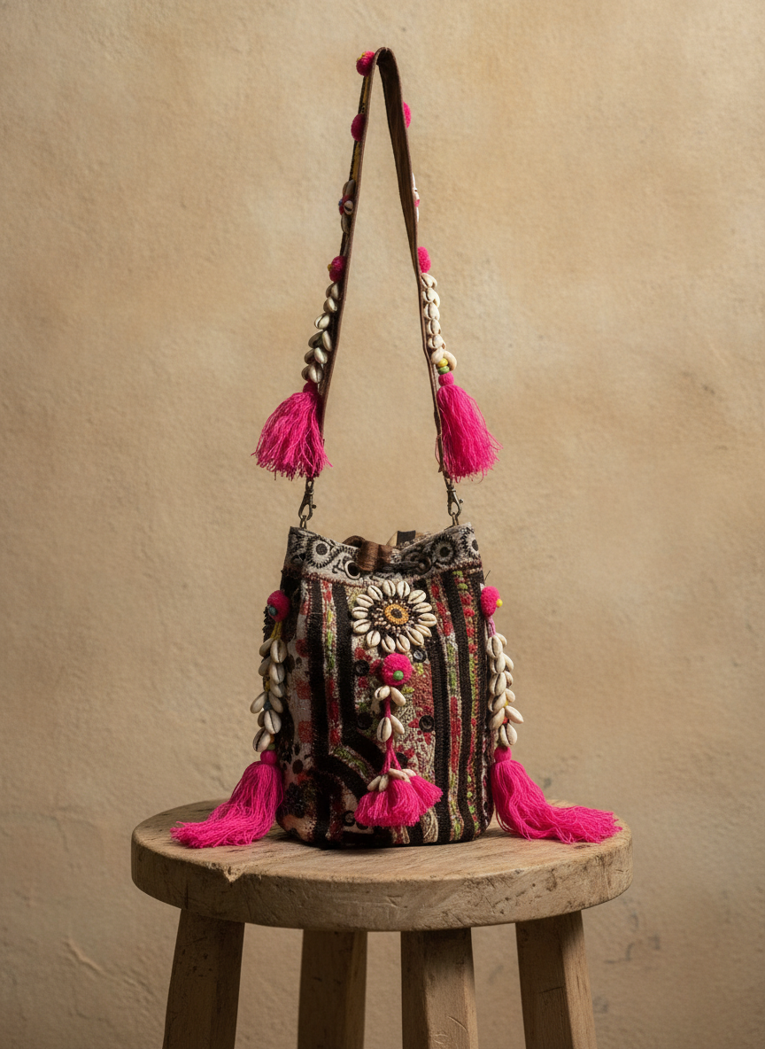 Shell Tassel Handcrafted Bucket Bag — Currant Bloom (Medium)