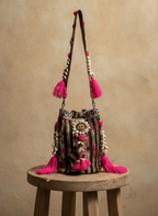 Shell Tassel Handcrafted Bucket Bag — Currant Bloom (Medium)