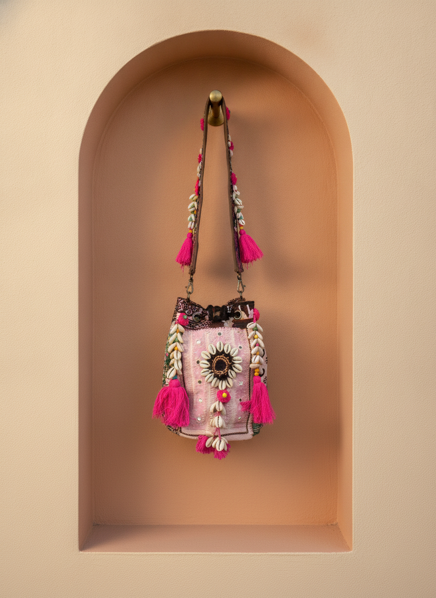 Shell Tassel Handcrafted Bucket Bag — Blush Bloom (Medium)