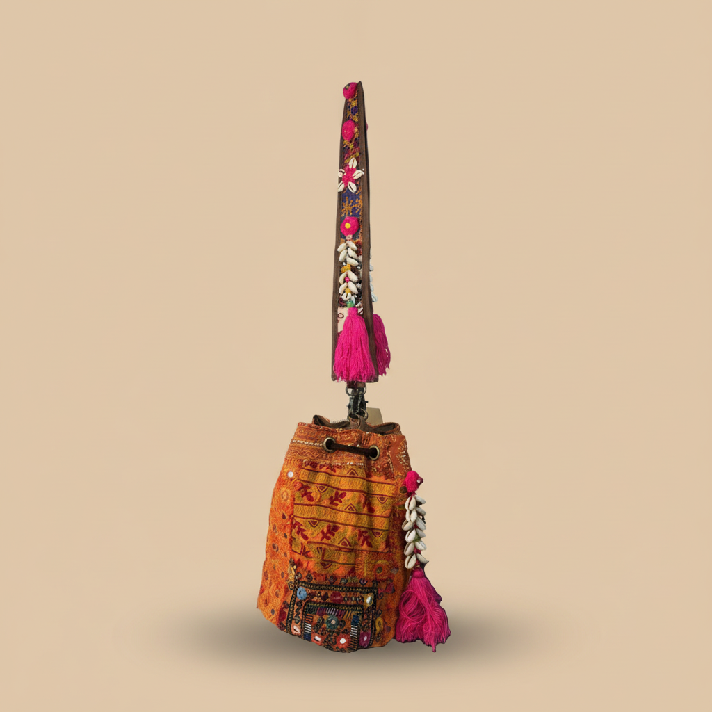 Shell Tassel Handcrafted Bucket Bag — Marigold Spark (Medium)