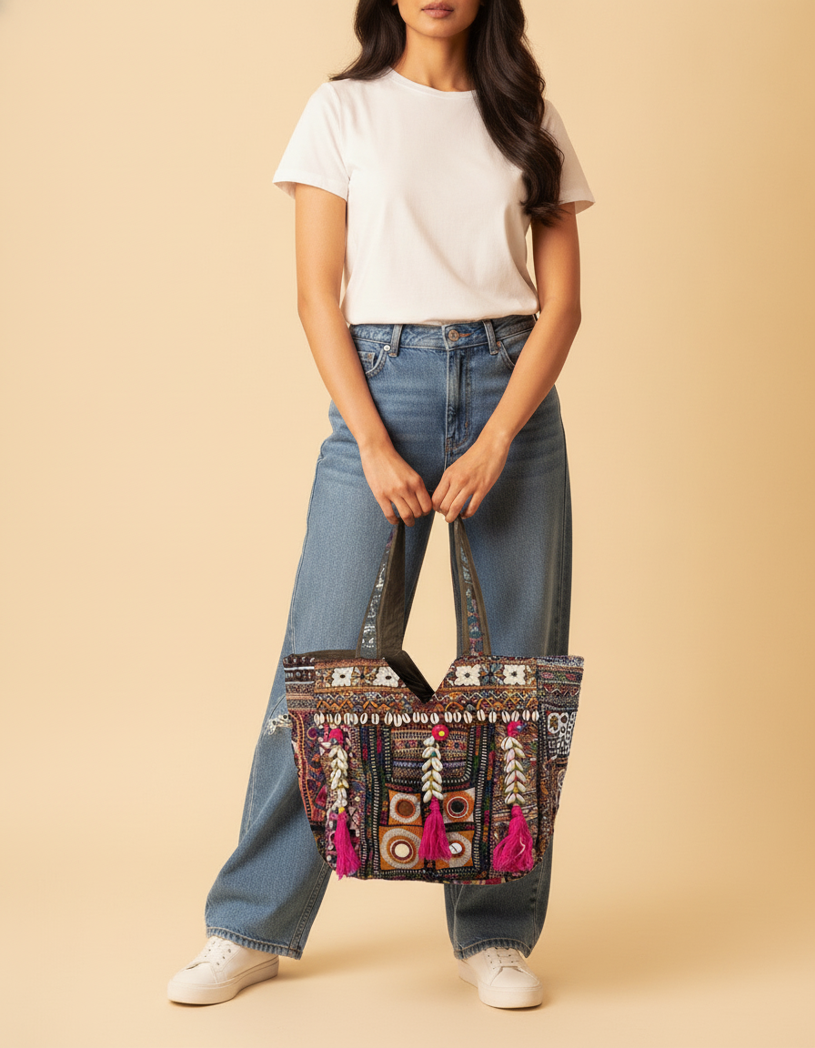 Shell Tassel Handcrafted Tote Bag — Ruby Mosaic