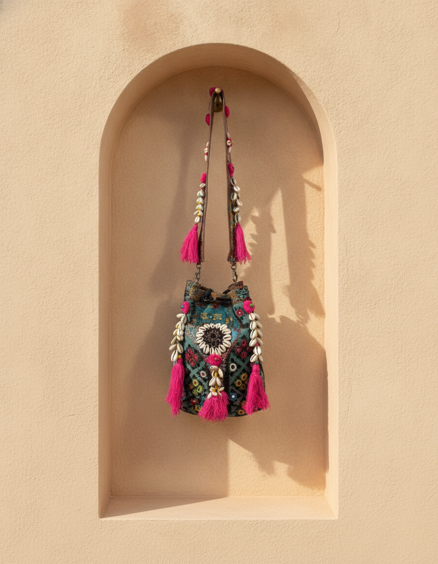 Shell Tassel Handcrafted Bucket Bag — Pine Bloom (Medium)