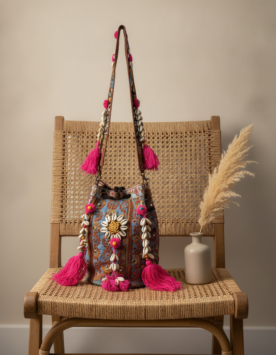 Shell Tassel Handcrafted Bucket Bag — Fawn Bloom (Medium)