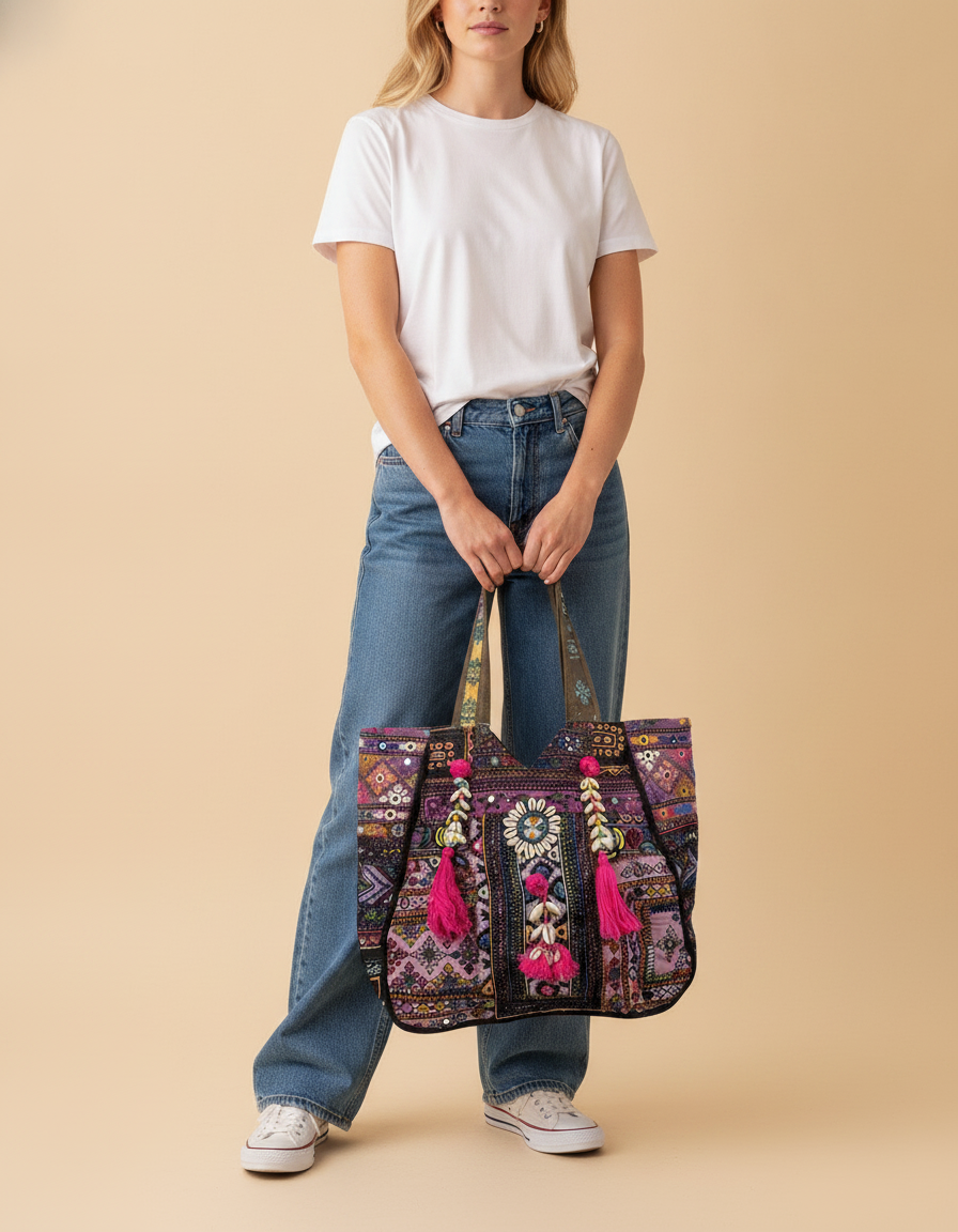 Shell Tassel Handcrafted Oversized Tote Bag — Orchid Odyssey