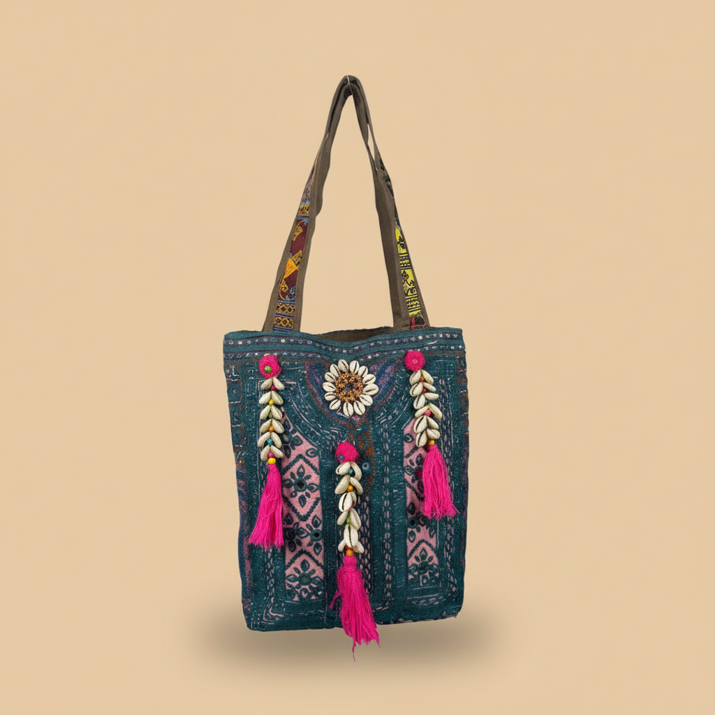 Shell Tassel Handcrafted Tote Bag — Teal Tapestry
