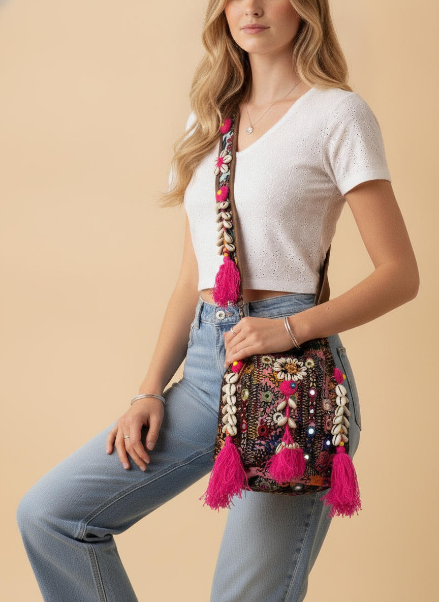 Shell Tassel Handcrafted Bucket Bag — Garnet Bloom (Medium)