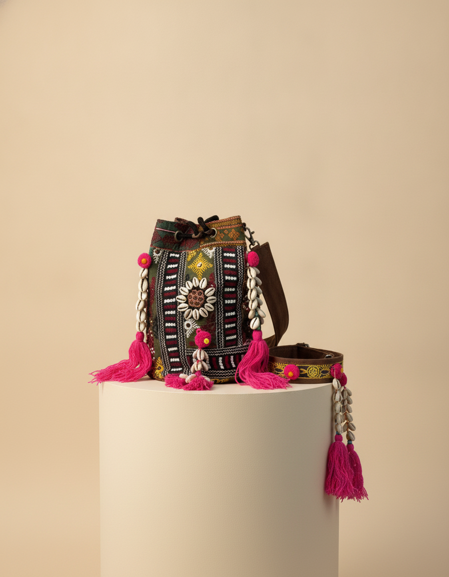 Shell Tassel Handcrafted Bucket Bag — Hazel Bloom (Medium)