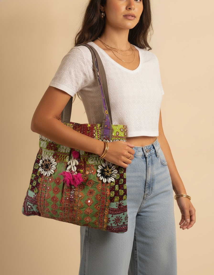Shell Tassel Handcrafted Tote Bag — Sage Toran