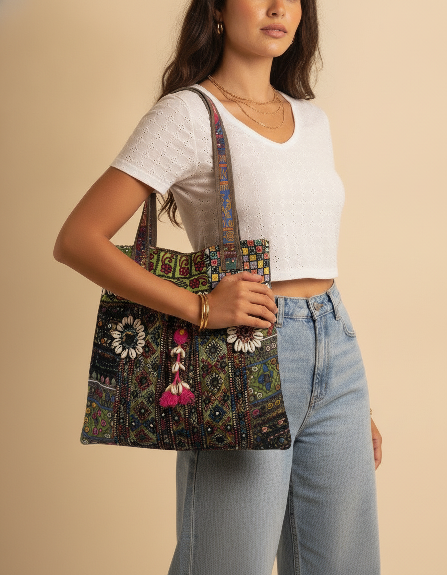 Shell Tassel Handcrafted Tote Bag — Olive Darbar