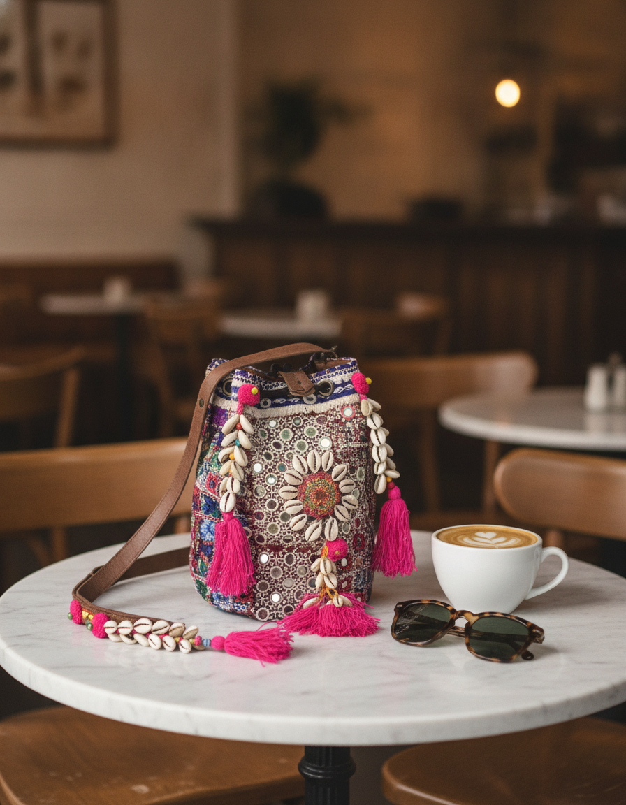 Shell Tassel Handcrafted Bucket Bag — Onyx Bloom (Medium)