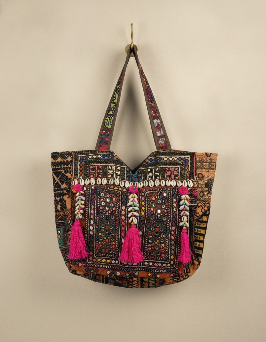 Shell Tassel Handcrafted Tote Bag — Espresso Mosaic