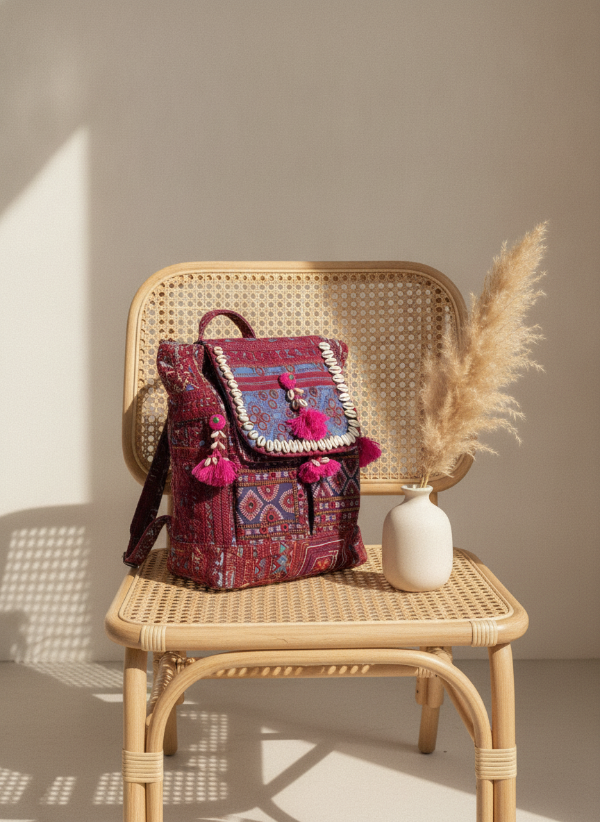 Shell Tassel Handcrafted Backpack — Crimson Passage
