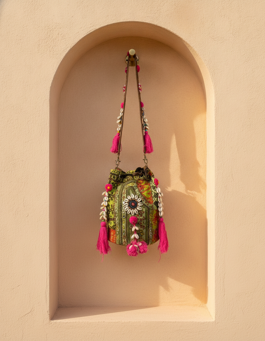 Shell Tassel Handcrafted Bucket Bag — Fern Prism (Medium)