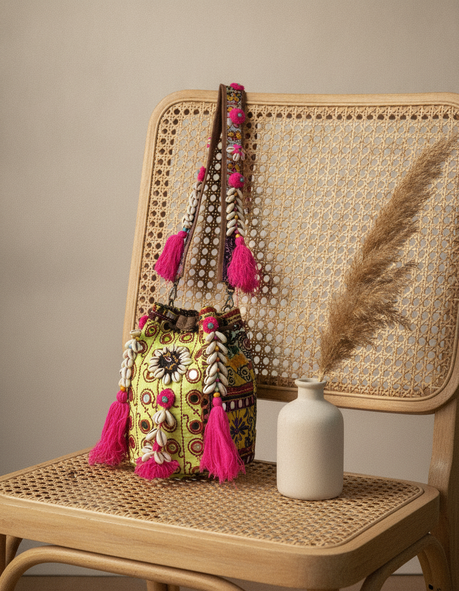 Shell Tassel Handcrafted Bucket Bag — Meadow Bloom (Medium)