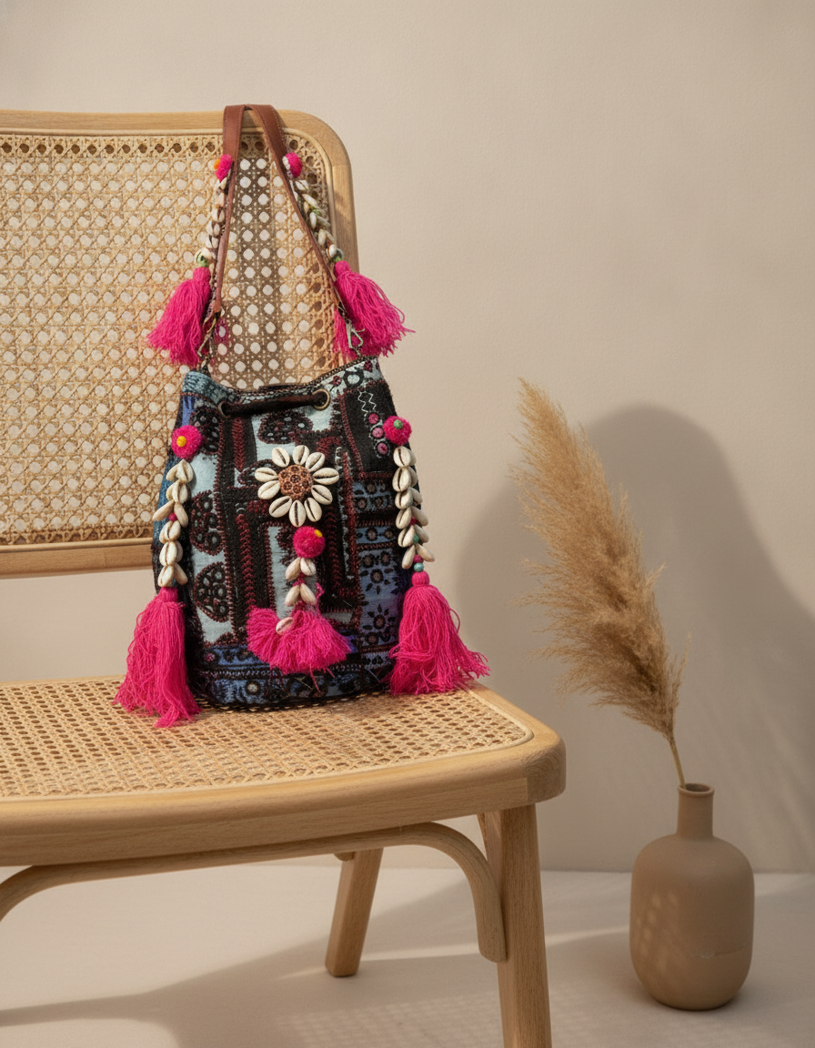 Shell Tassel Handcrafted Bucket Bag — Lagoon Aura (Medium)