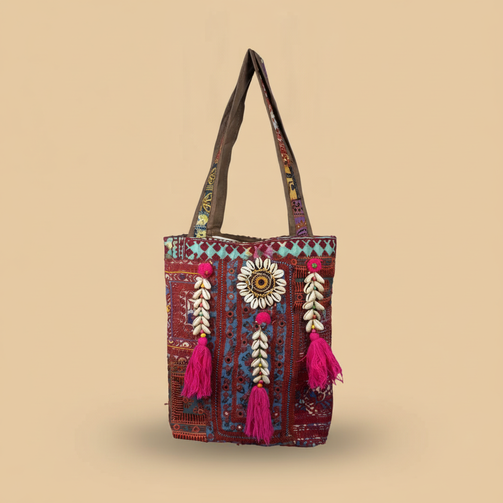 Shell Tassel Handcrafted Tote Bag — Garnet Fringe