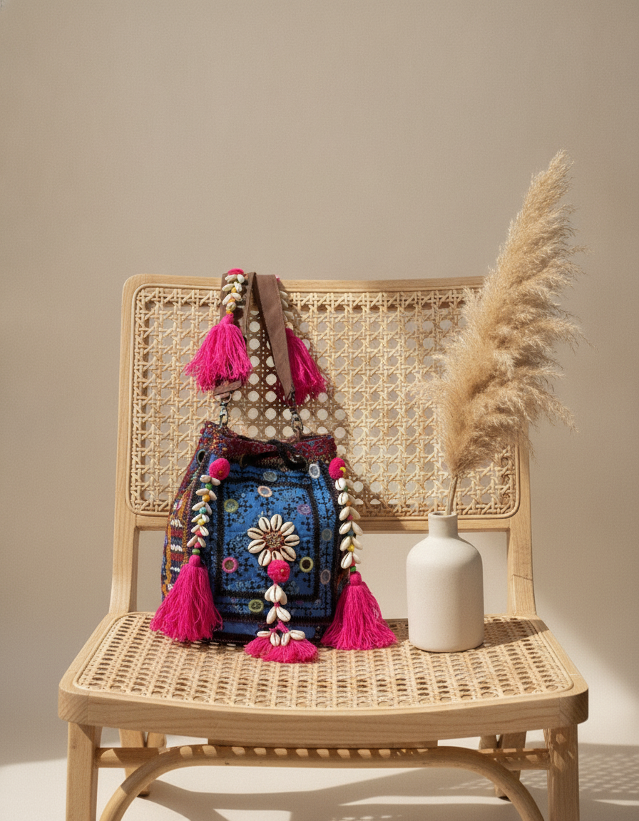 Shell Tassel Handcrafted Bucket Bag — Azure Dahlia (Medium)