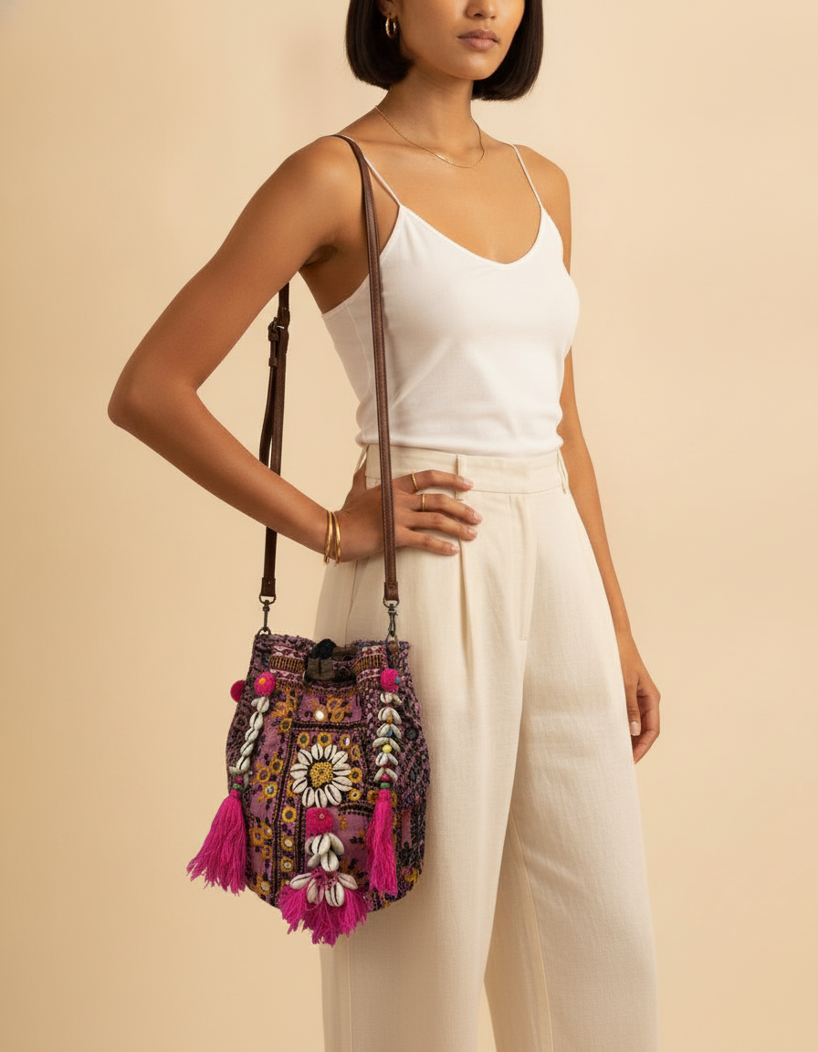 Shell Tassel Handcrafted Bucket Bag — Copper Spark (Medium)