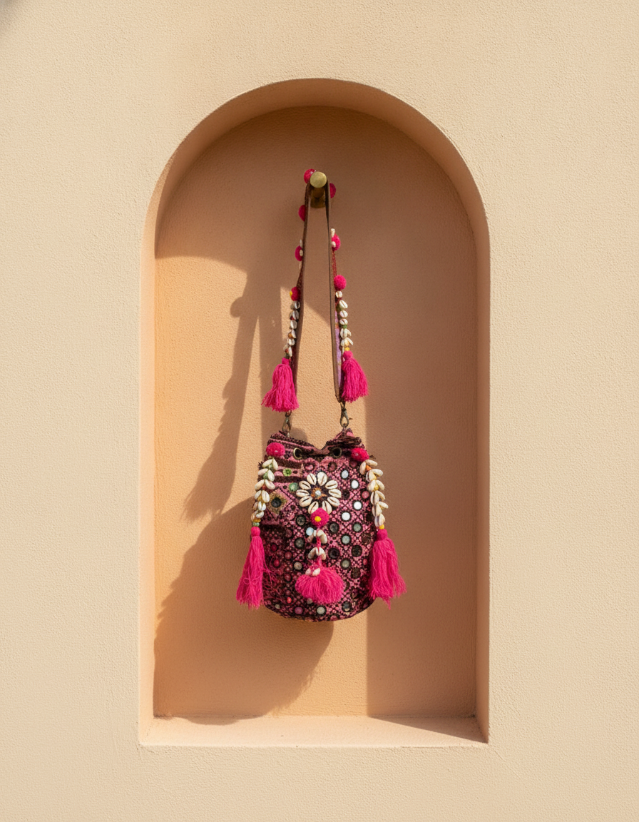 Shell Tassel Handcrafted Bucket Bag — Wine Dahlia (Medium)