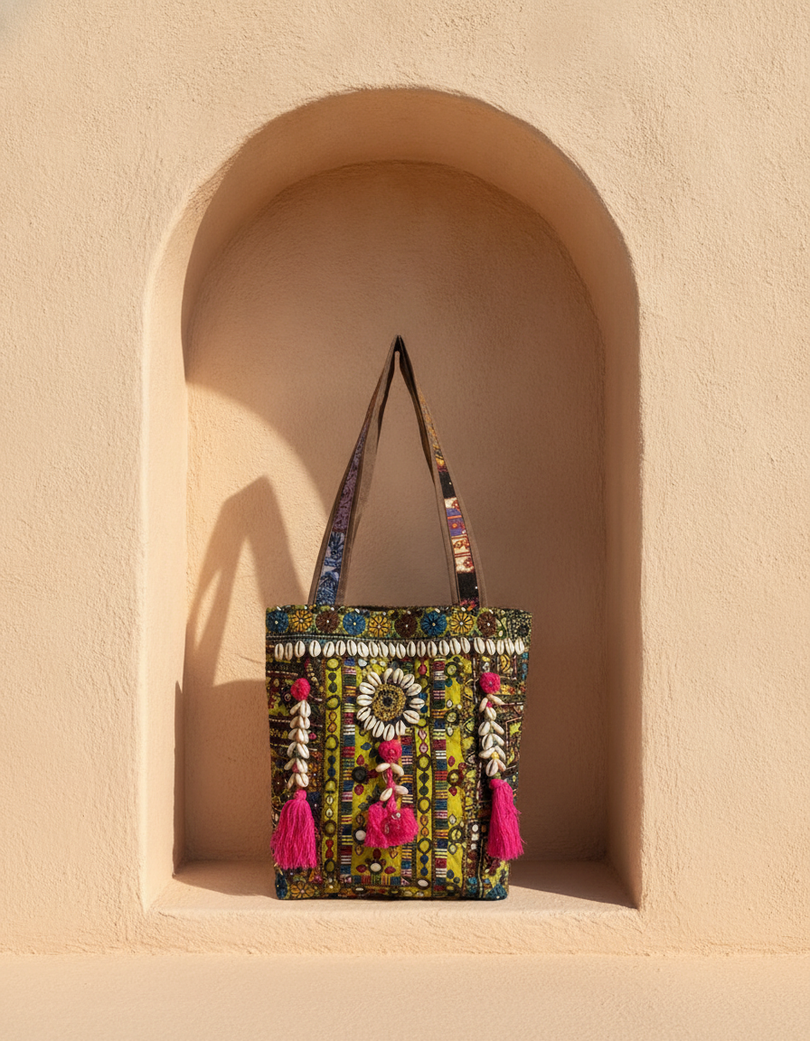 Shell Tassel Handcrafted Tote Bag — Olive Mosaic
