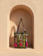 Shell Tassel Handcrafted Tote Bag — Olive Mosaic