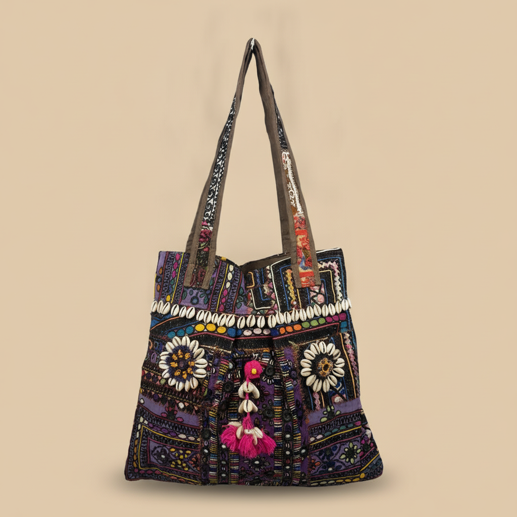 Shell Tassel Handcrafted Tote Bag — Midnight Jharokha