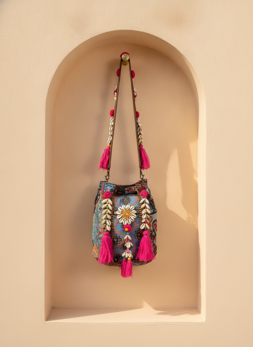 Shell Tassel Handcrafted Bucket Bag — Peacock Prism (Medium)