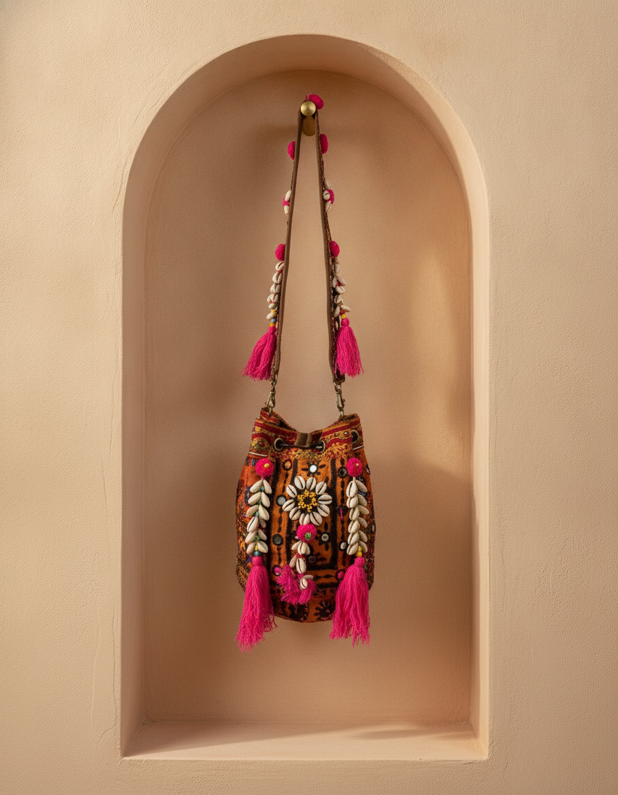 Shell Tassel Handcrafted Bucket Bag — Saffron Bloom (Medium)
