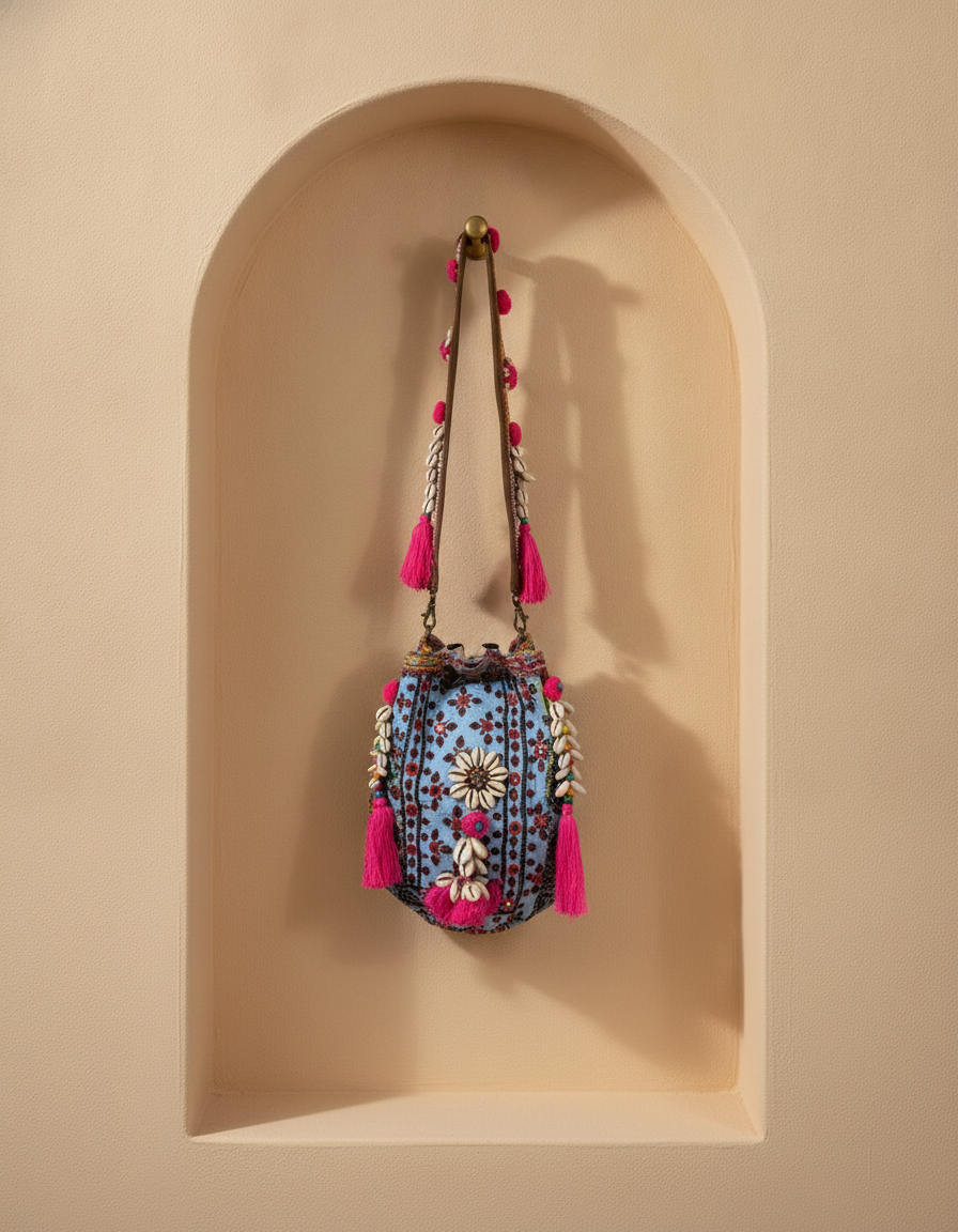 Shell Tassel Handcrafted Bucket Bag — Teal Prism (Medium)