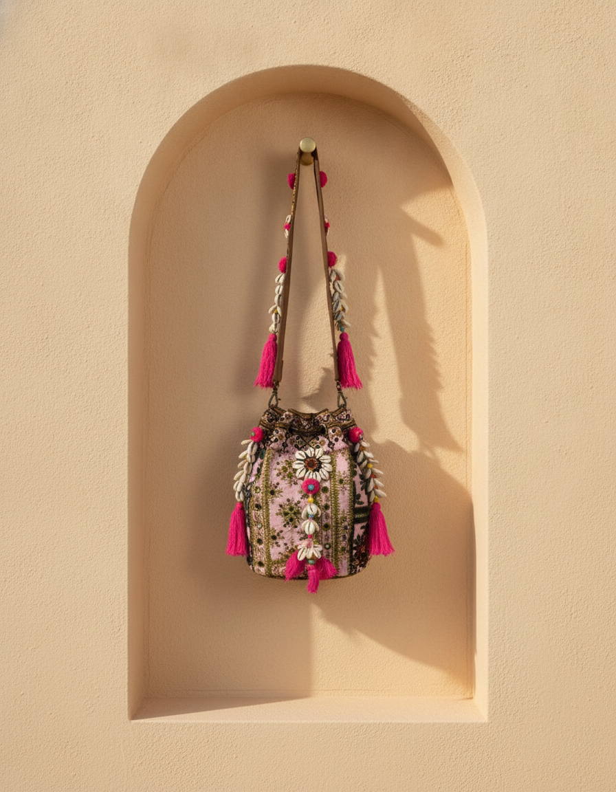 Shell Tassel Handcrafted Bucket Bag — Almond Bloom (Medium)