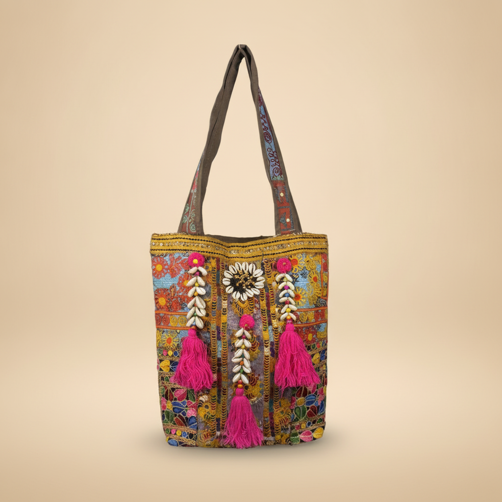 Shell Tassel Handcrafted Tote Bag — Fuchsia Tapestry