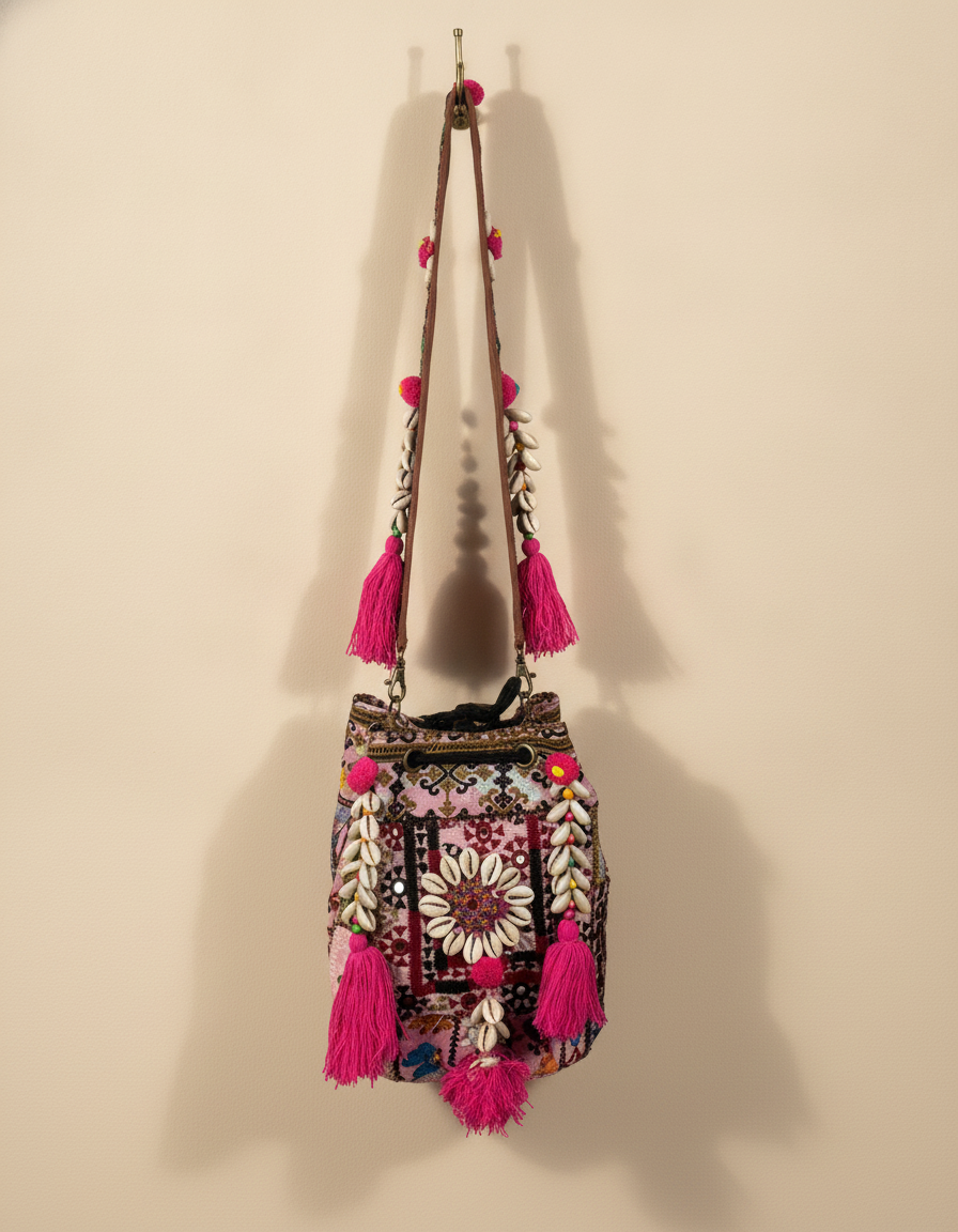 Shell Tassel Handcrafted Bucket Bag — Mulberry Bloom (Medium)