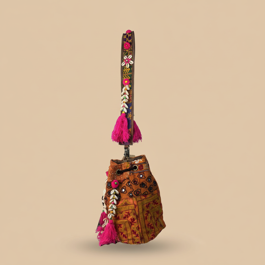 Shell Tassel Handcrafted Bucket Bag — Marigold Spark (Medium)