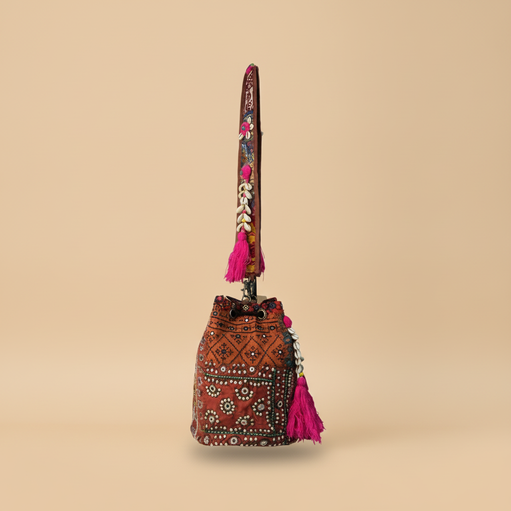 Shell Tassel Handcrafted Bucket Bag — Poppy Bloom (Medium)