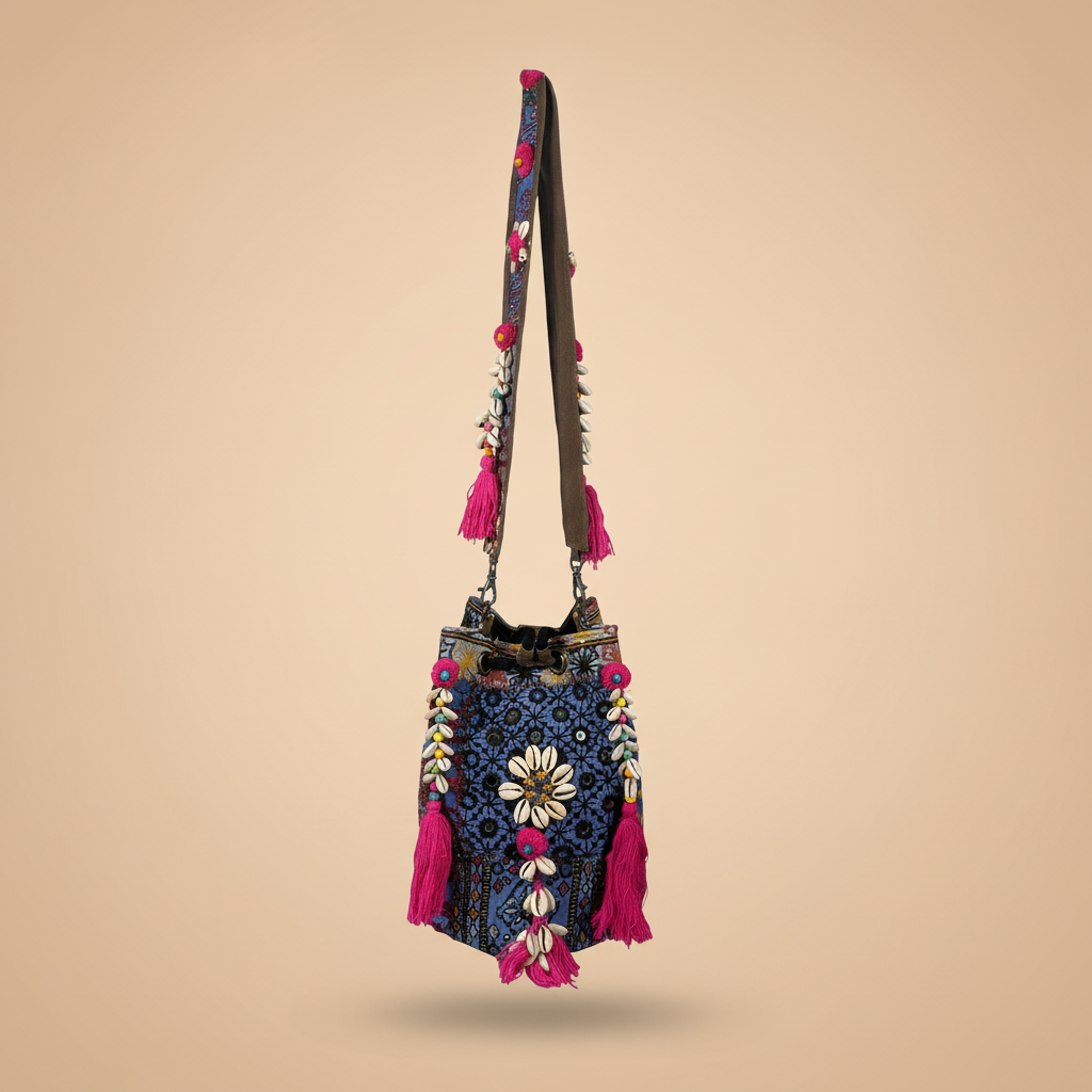 Shell Tassel Handcrafted Bucket Bag — Cobalt Aura (Medium)