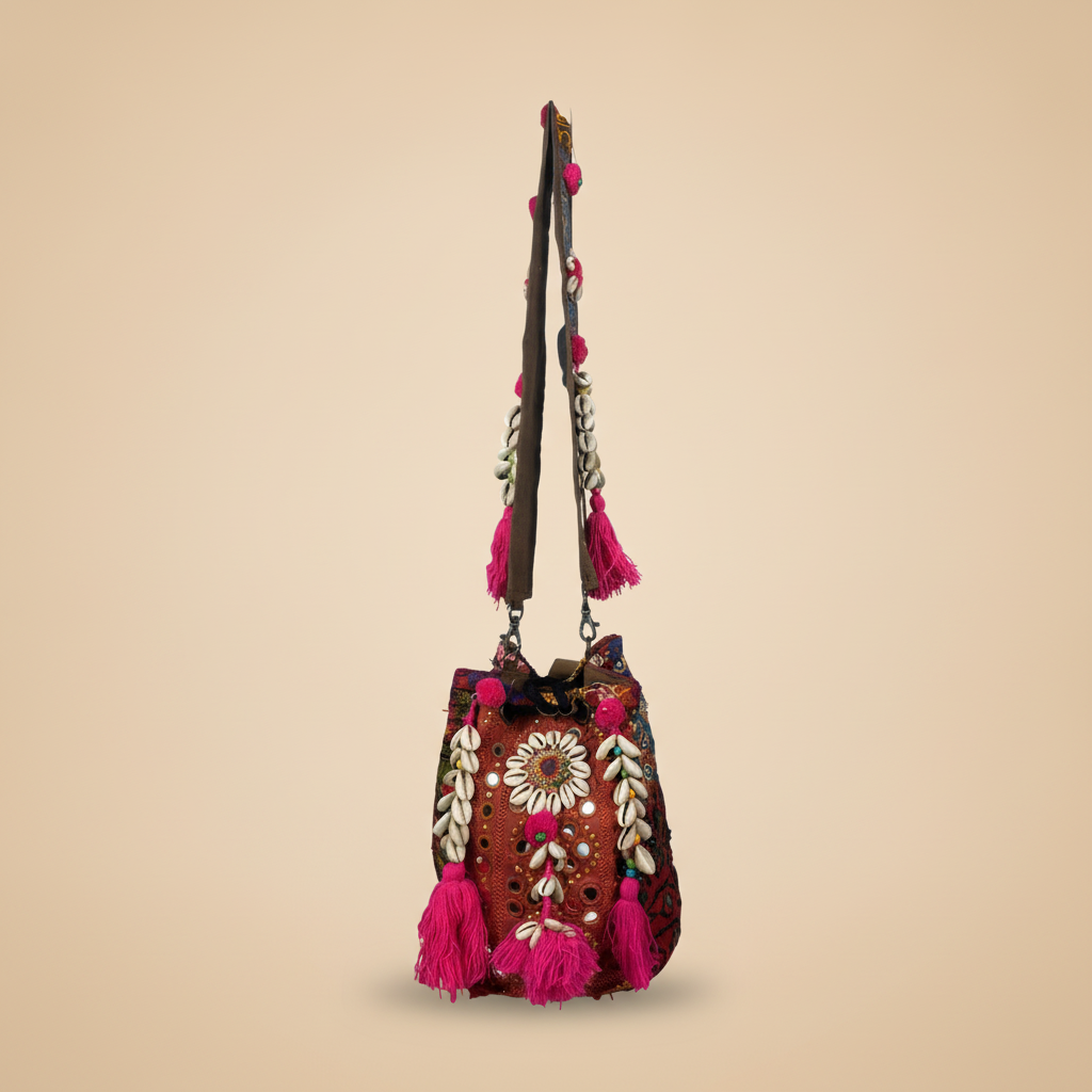Shell Tassel Handcrafted Bucket Bag — Vermilion Spark (Medium)