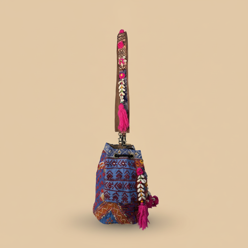 Shell Tassel Handcrafted Bucket Bag — Cornflower Bloom (Medium)