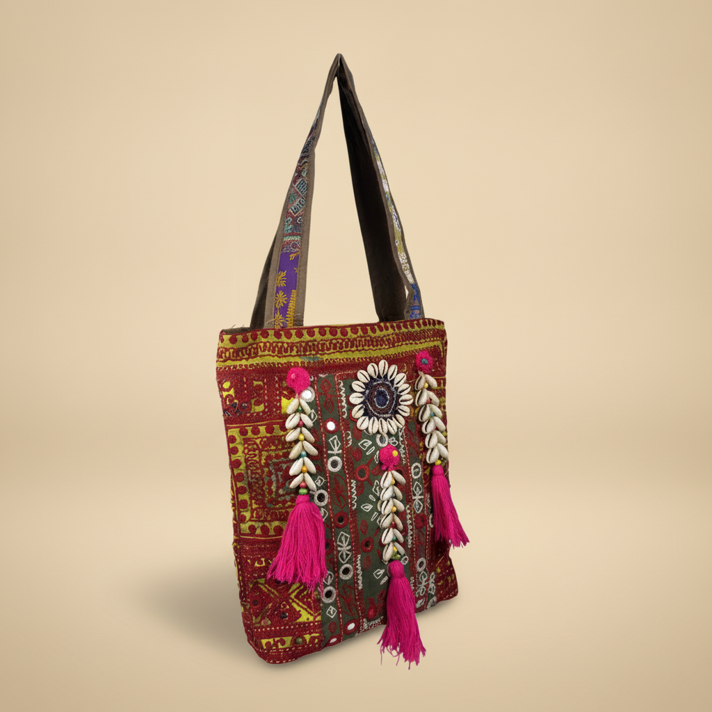 Shell Tassel Handcrafted Tote Bag — Crimson Mosaic