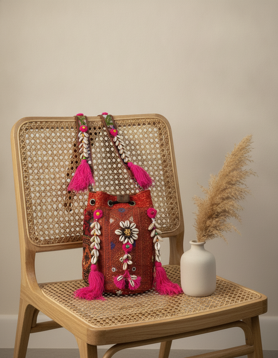 Shell Tassel Handcrafted Bucket Bag — Terracotta Spark (Medium)