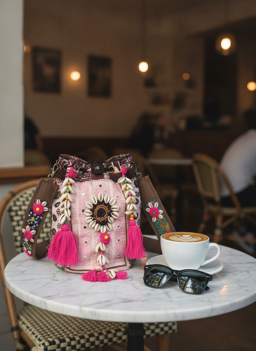Shell Tassel Handcrafted Bucket Bag — Blush Bloom (Medium)