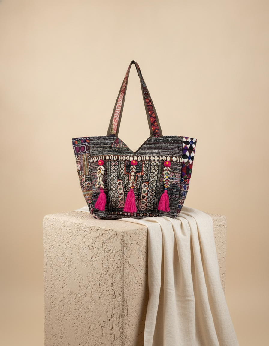 Shell Tassel Handcrafted Tote Bag — Charcoal Tapestry