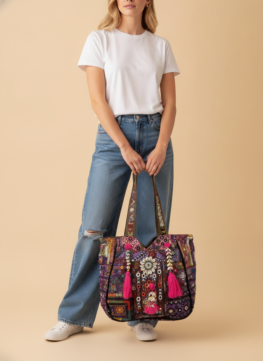 Shell Tassel Handcrafted Oversized Tote Bag — Mocha Meridian