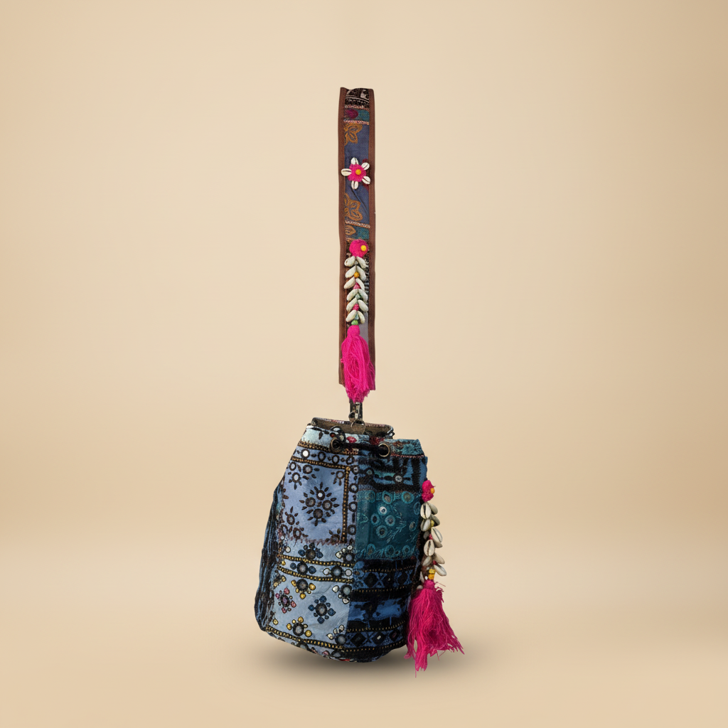 Shell Tassel Handcrafted Bucket Bag — Lagoon Aura (Medium)