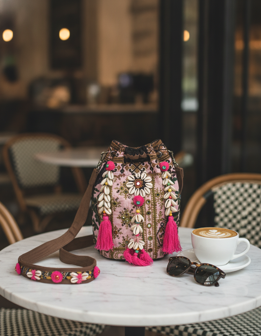 Shell Tassel Handcrafted Bucket Bag — Almond Bloom (Medium)