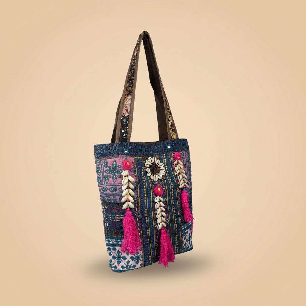 Shell Tassel Handcrafted Tote Bag — Sapphire Mosaic