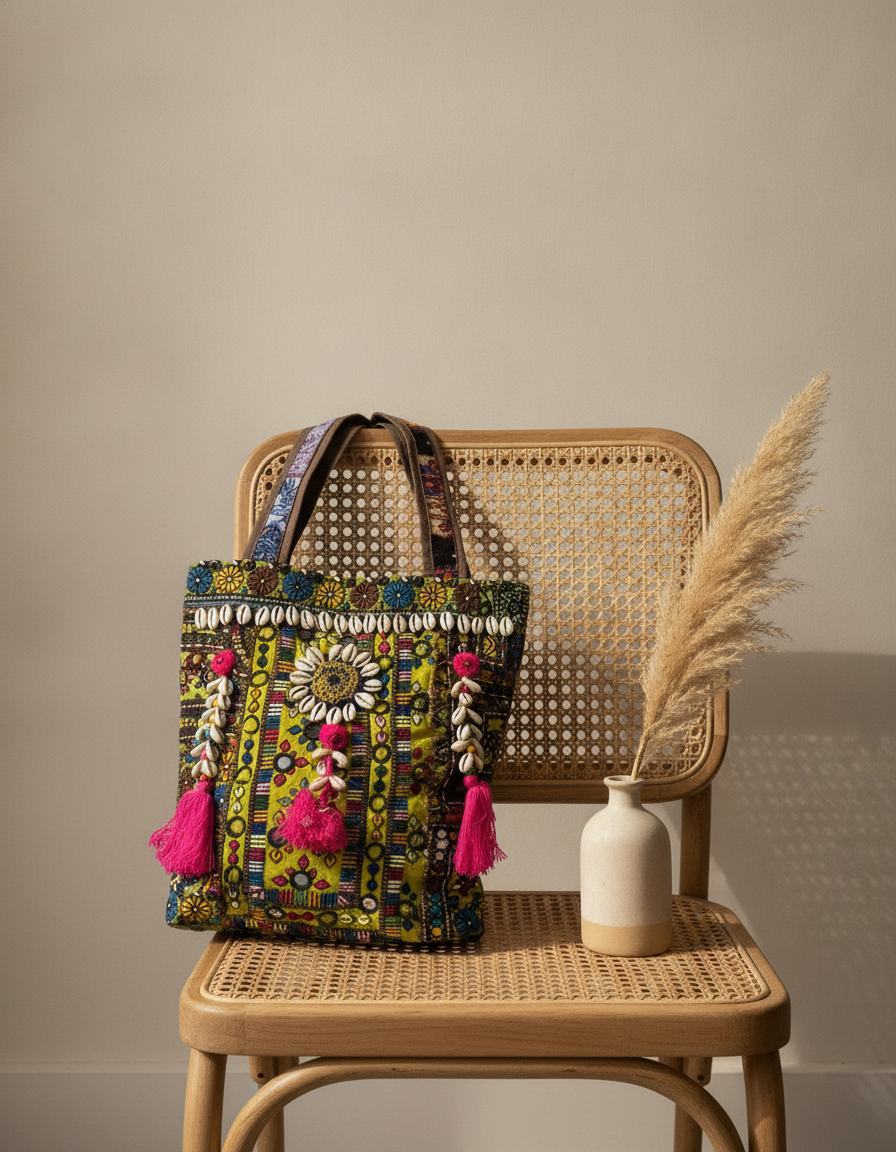 Shell Tassel Handcrafted Tote Bag — Olive Mosaic