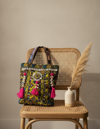 Shell Tassel Handcrafted Tote Bag — Olive Mosaic
