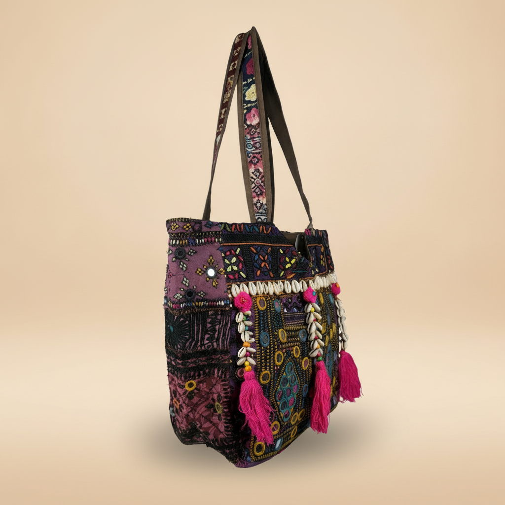 Shell Tassel Handcrafted Tote Bag — Ebony Tapestry
