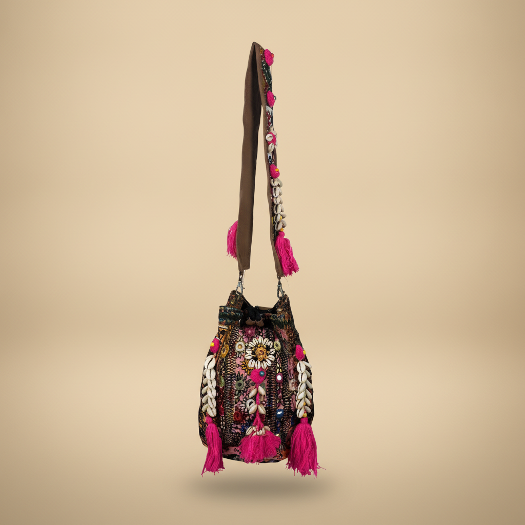 Shell Tassel Handcrafted Bucket Bag — Garnet Bloom (Medium)